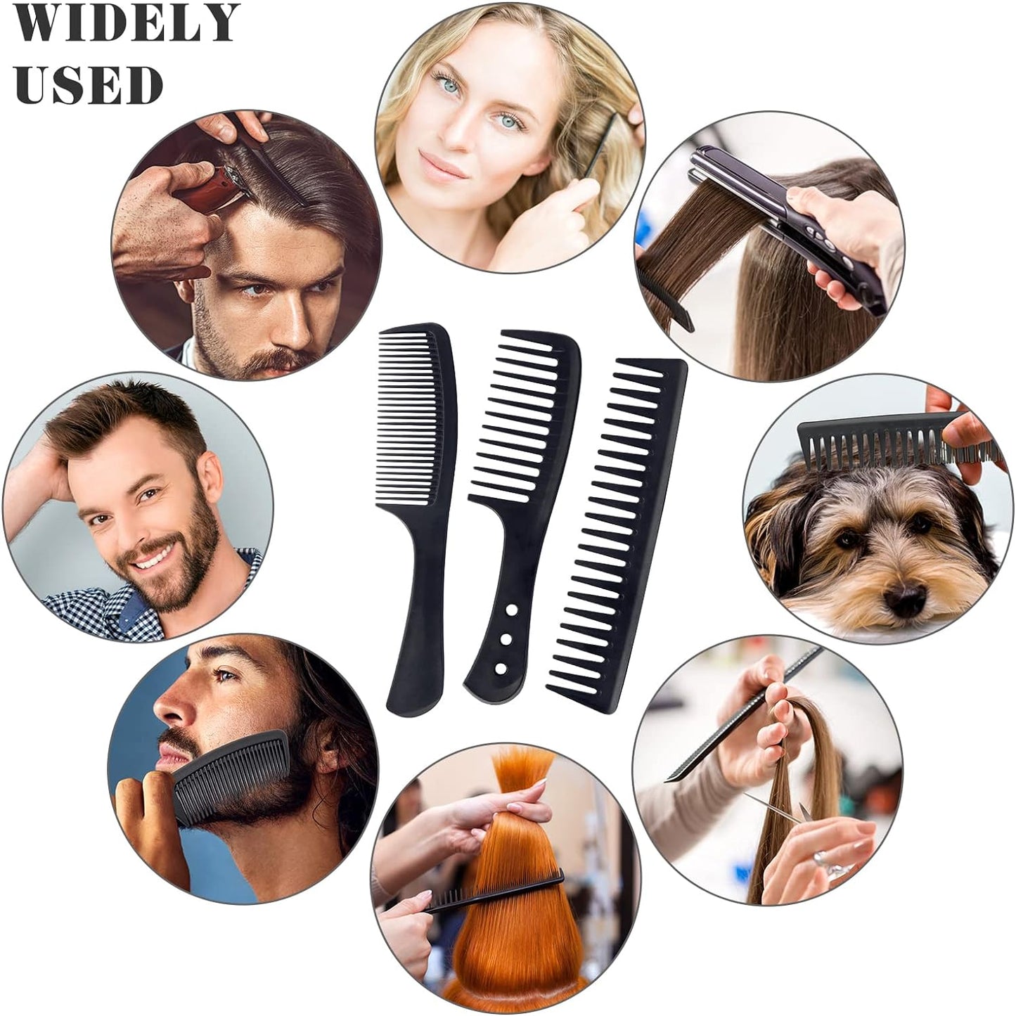 3 Pc Wide Tooth Carbon Fiber Heat Resistant Anti-Static Comb Set for Most Hair Types