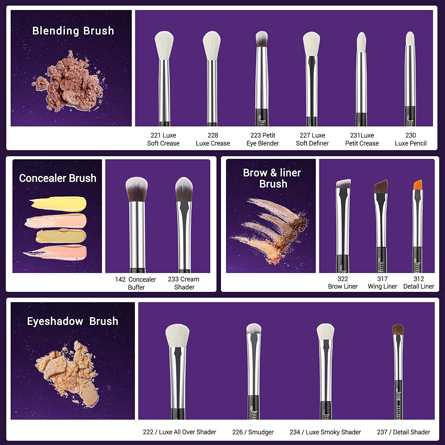 Eye Brushes 15Pcs Professional Makeup Brushes Make up Brush Set Cosmetics Tools Eye Liner Shader Wood Handle Natural-Synthetic Hair Black/Silver T177