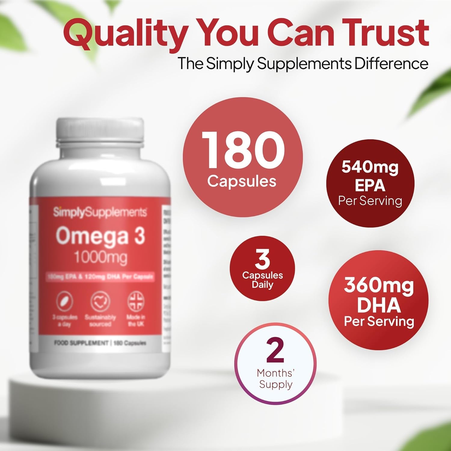 Pure Omega 3 1000Mg Capsules | Supports Heart, Brain & Eye Health | Rich in Omega 3 Fatty Acids | 540Mg of EPA and 360Mg of DHA per Serving | 180 Capsules = 2 Months’ Supply | Made in the UK