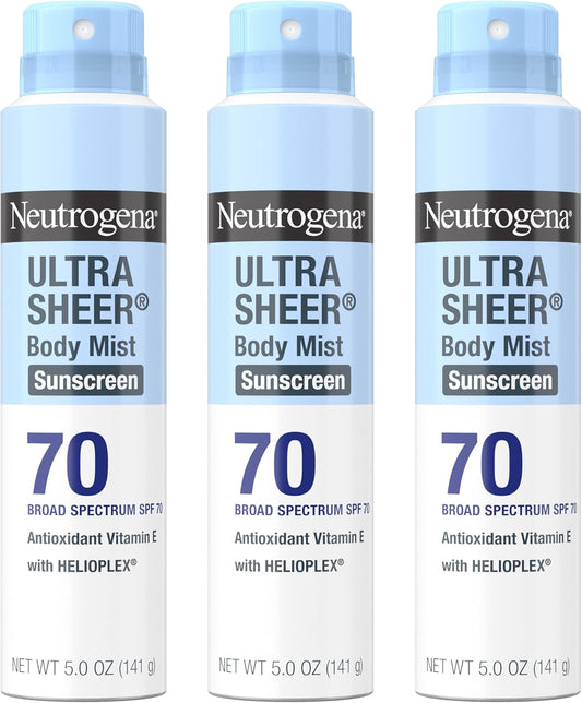 Ultra Sheer Body Mist Sunscreen Spray Broad Spectrum SPF 70, Lightweight, Non-Greasy & Water Resistant, Oil-Free & Non-Comedogenic UVA/UVB Sunscreen Mist, 5 Oz (Pack of 3)