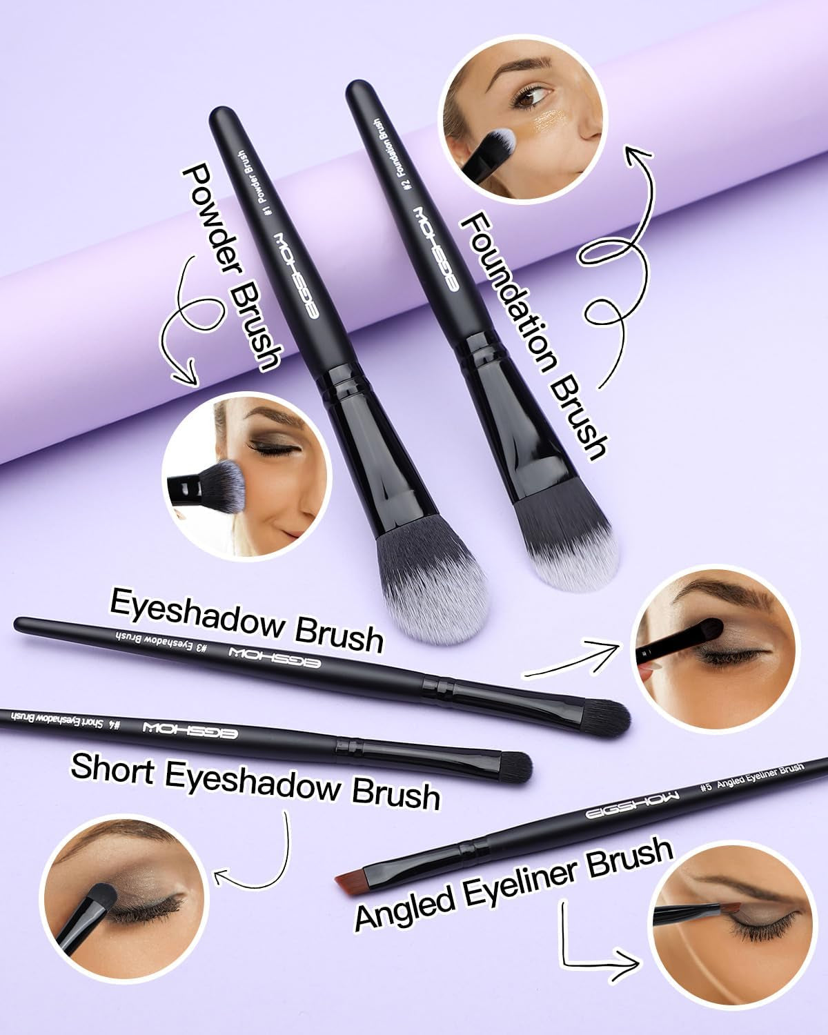 5 Pcs Makeup Brush Set, Essential Basic Makeup Brushes, Powder, Foundation, Shadow, Eyeliner Brush for Daily Makeup Look(Black)