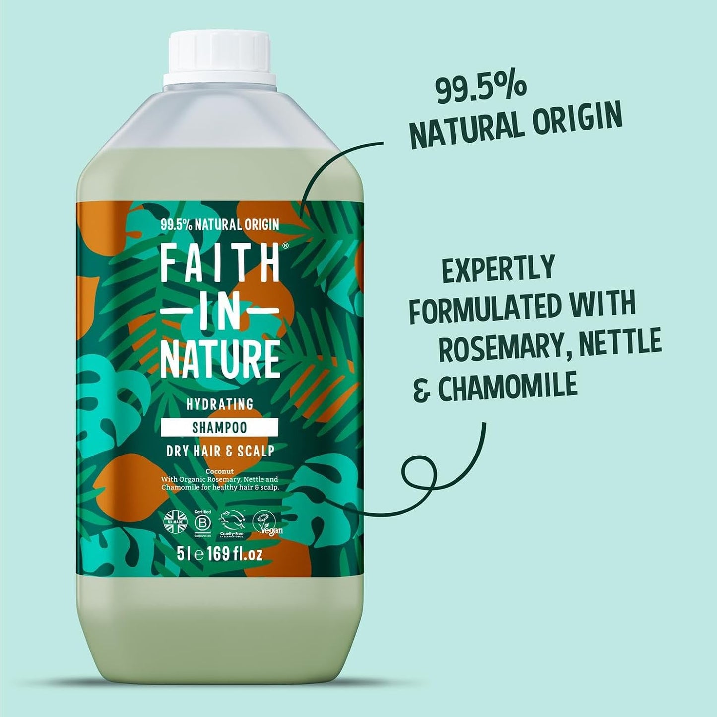 Organic Coconut Shampoo, Hydrating for Dry Hair & Scalp, Vegan & Cruelty Free, No SLS, Silcones or Parabens, 5L Refill Pack