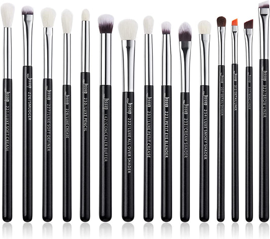 Eye Brushes 15Pcs Professional Makeup Brushes Make up Brush Set Cosmetics Tools Eye Liner Shader Wood Handle Natural-Synthetic Hair Black/Silver T177
