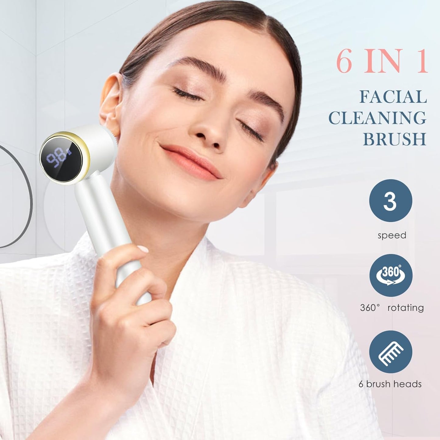 Electric Facial Cleansing Brush with 6 Exfoliating Heads - USB Rechargeable, 3 Speed Levels, Waterproof, LCD Display, 360° Rotating for Deep Cleaning