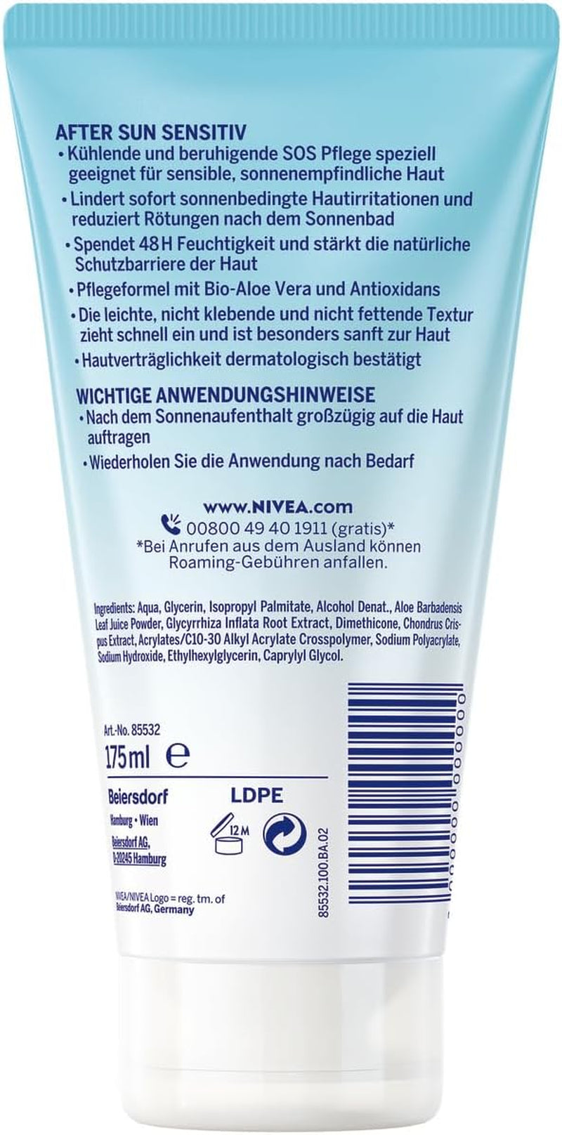 NIVEA SUN after Sun Sensitive SOS Cream Gel (175 Ml), Cooling after Sun Gel with Skin Soothing Effect, Skin Gel with Organic Aloe Vera and Antioxidants, for Sensitive Skin
