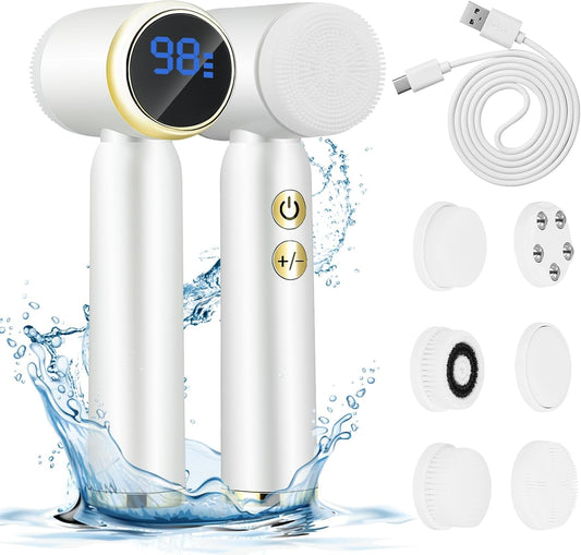 Electric Facial Cleansing Brush with 6 Exfoliating Heads - USB Rechargeable, 3 Speed Levels, Waterproof, LCD Display, 360° Rotating for Deep Cleaning