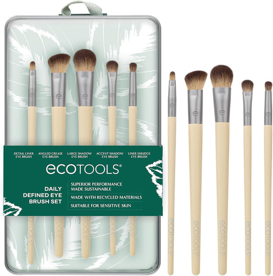 Daily Defined Eye Brush Kit + Storage Tray, Eco-Friendly Makeup Brushes for Liquid, Powder, & Cream Eyeshadow & Eyeliner Application, Synthetic Hair, Vegan and Cruelty Free, 5 Piece Set