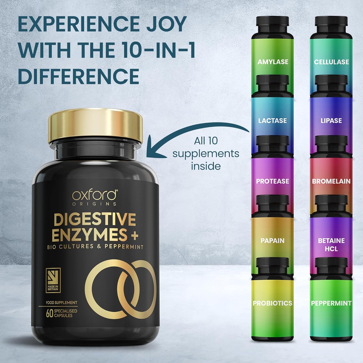 Award Winning 10-In-1 Digestive Enzyme Supplements | Made in the UK | Probiotics & Peppermint Oil for Gut Health, Bloating Relief and Belly Reduction | One Vegan Capsule per Meal | 60 Capsules