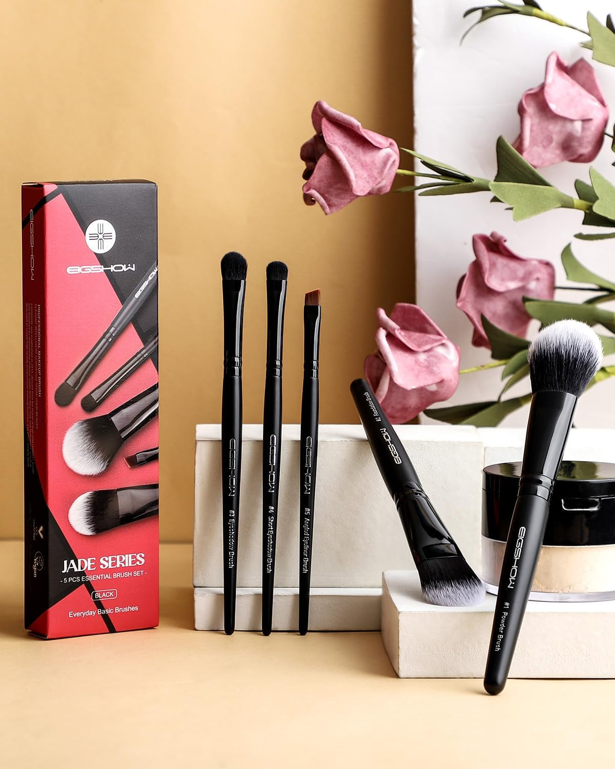 5 Pcs Makeup Brush Set, Essential Basic Makeup Brushes, Powder, Foundation, Shadow, Eyeliner Brush for Daily Makeup Look(Black)