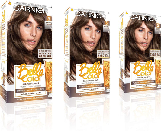 Belle Color Brown Hair Dye Permanent, Natural Looking Hair Colour, up to 100% Grey Coverage - 5 Natural Brown Pack of 3