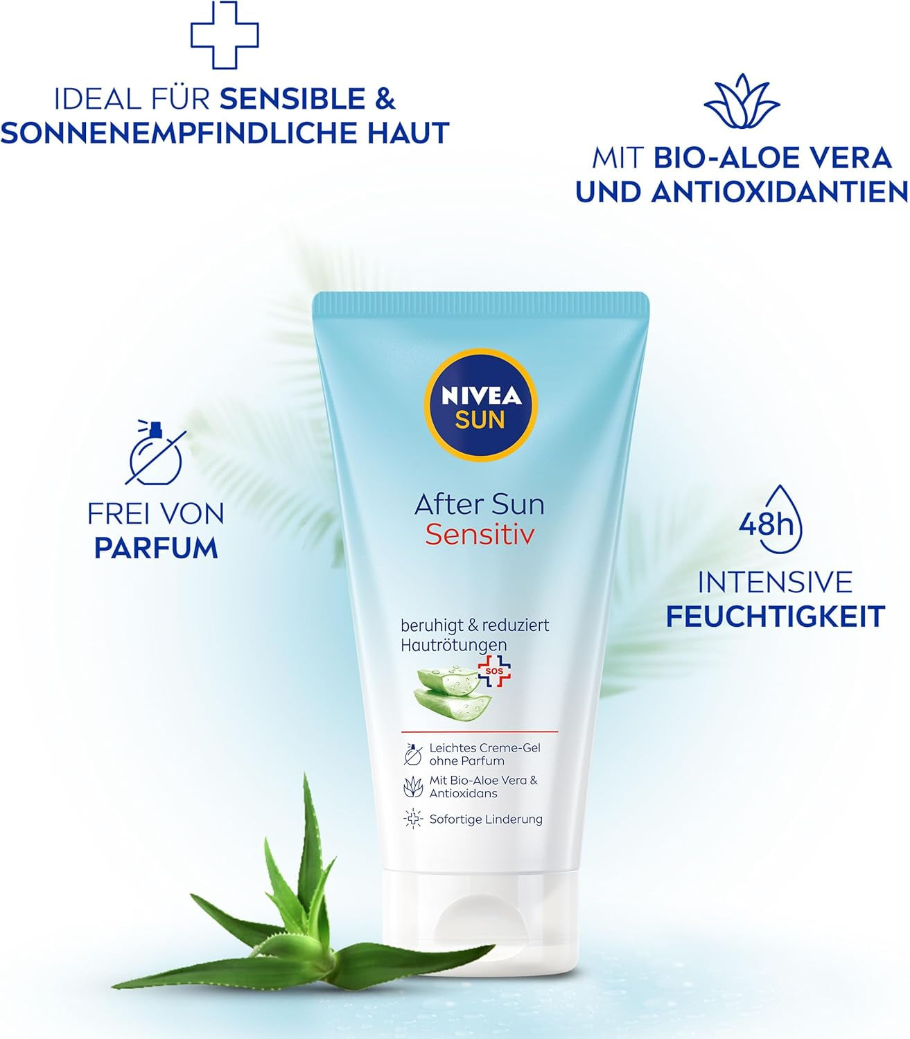 NIVEA SUN after Sun Sensitive SOS Cream Gel (175 Ml), Cooling after Sun Gel with Skin Soothing Effect, Skin Gel with Organic Aloe Vera and Antioxidants, for Sensitive Skin